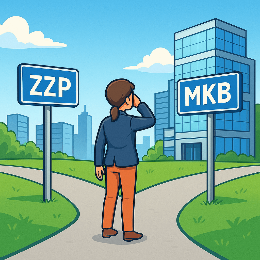 Cartoonillustratie van een ondernemer die op een kruispunt staat en de keuze maakt van zzp naar mkb, met moderne kantoorgebouwen op de achtergrond.