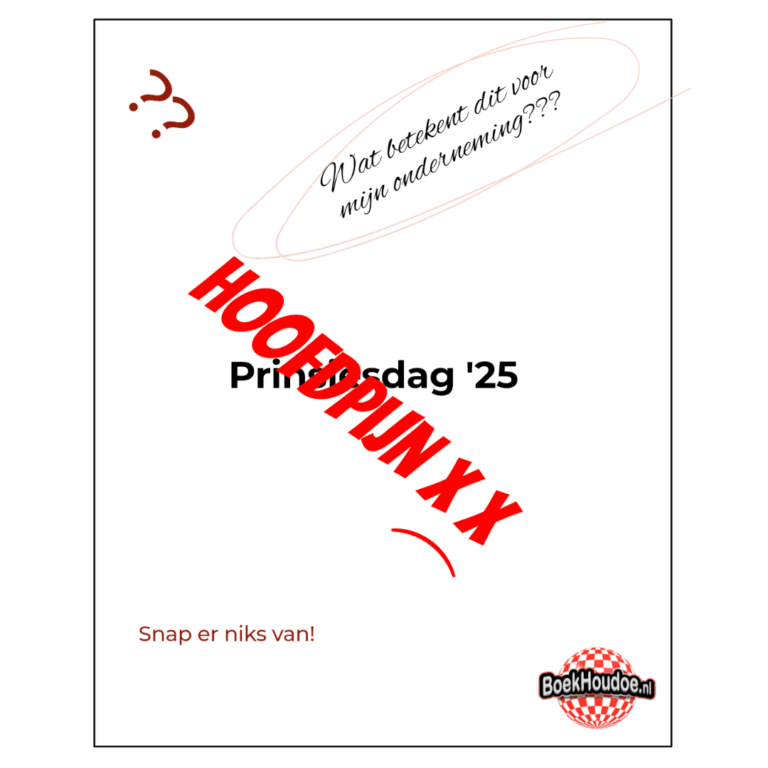 Afbeelding met de tekst ‘Prinsjesdag '25’ en groot rood woord ‘HOOFDPIJN XX’ diagonaal eroverheen. In een denkwolk staat ‘Wat betekent dit voor mijn onderneming???’ en onderaan staat ‘Snap er niks van!’ met het logo van Boekhoudoe.nl. De afbeelding drukt verwarring en frustratie uit over de fiscale plannen voor ondernemers