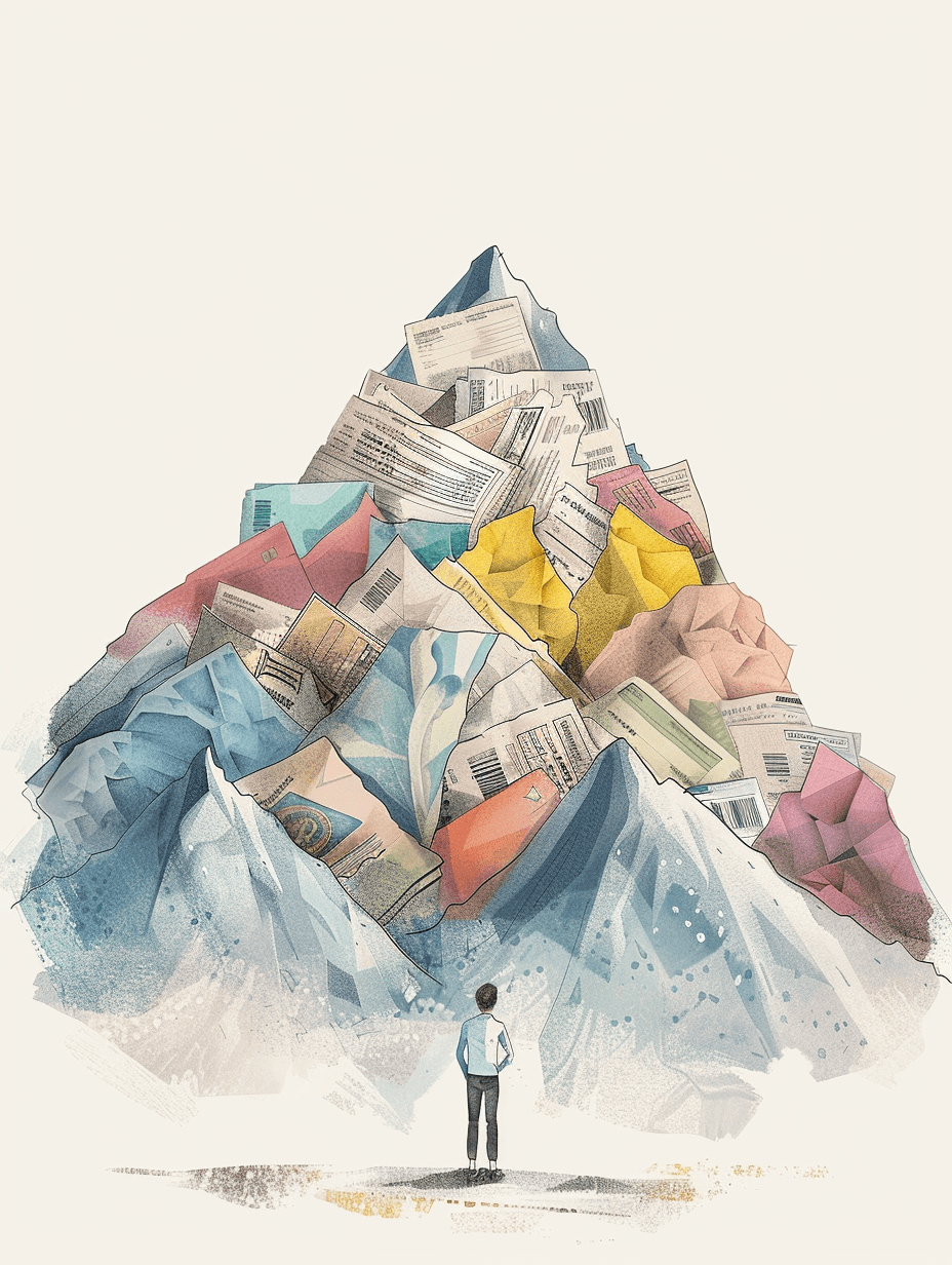 Visuele weergave van belastingstress: een ondernemer kijkt bezorgd naar een stapel bonnetjes en documenten, als symbool voor de chaos en fouten die vaak voorkomen bij btw-aangiftes.